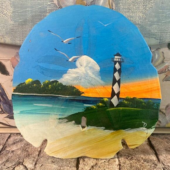 Hand Painted Sand Dollar Beach Decor Lighthouse Ocean Artwork Nautical - Picture 1 of 2